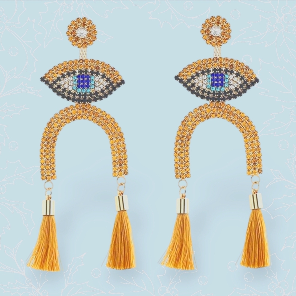 Evil Eye Large Rhinestone Dangle Fashion Earrings Safety Post Backing
